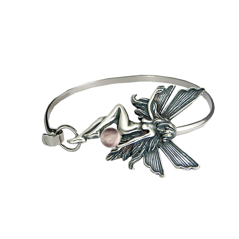 Sterling Silver Fairy Strap Latch Spring Hook Bangle Bracelet With Rose Quartz Sterling Silver Fairy Strap Latch Spring Hook Bangle Bracelet With Rose Quartz